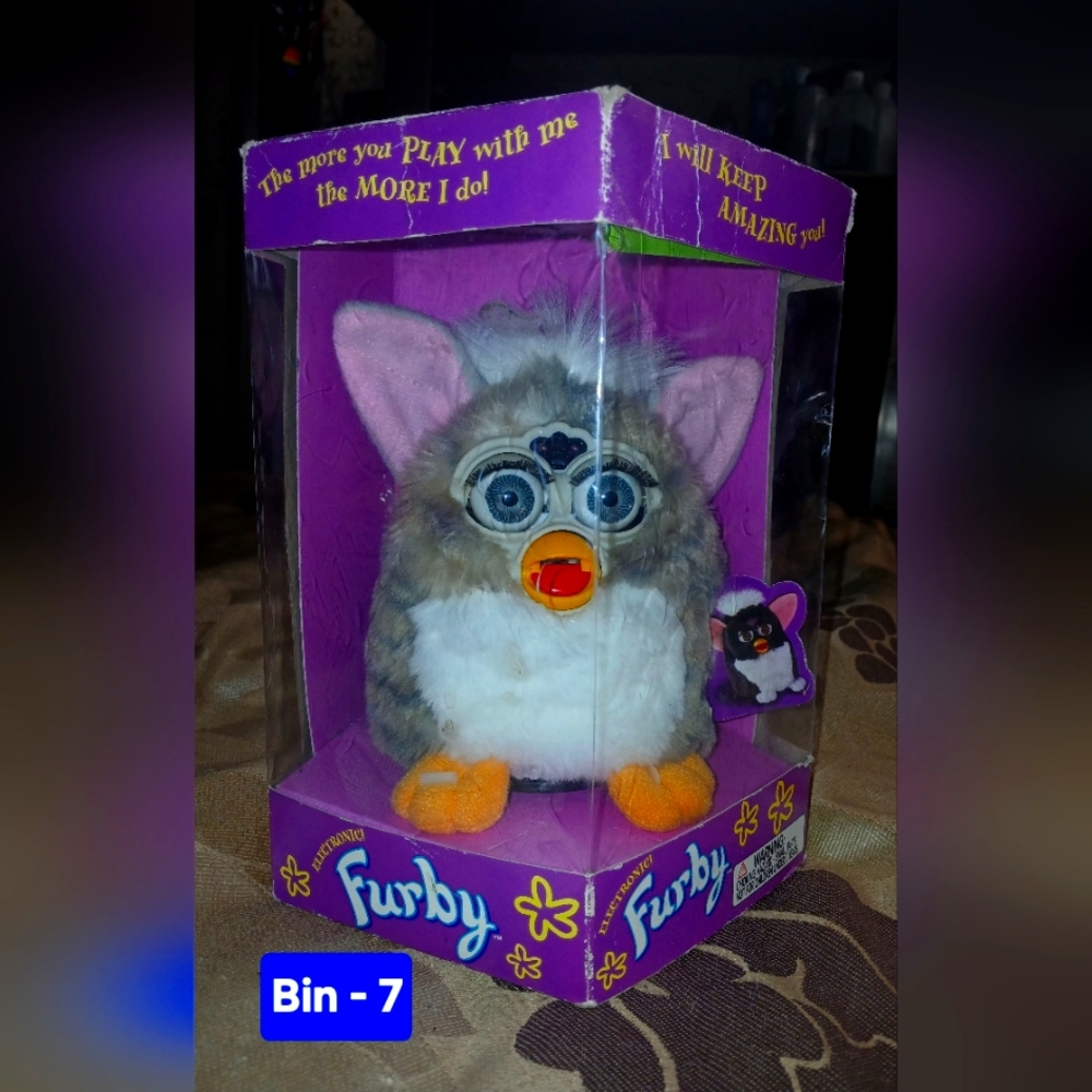 Furby Plush in Original Purple Box - Gray/White Tigar Furby with Orange Feet